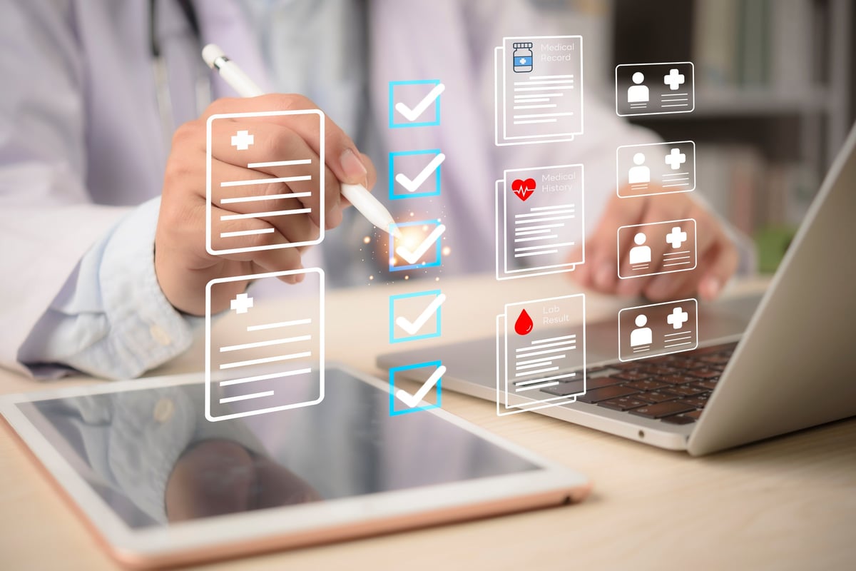 Electronic Health Records & Case History dashboard interface showing patient records, data privacy, and secure digital workflow